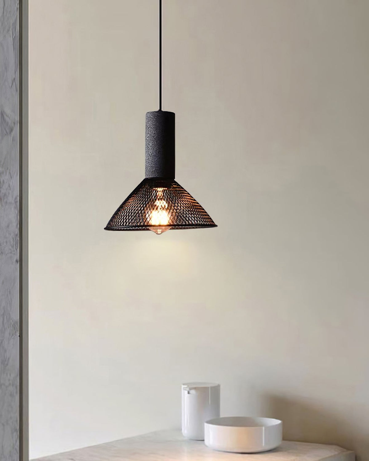 Urban Concrete Industrial Pendant Light – Cement & Perforated Metal LED Hanging Lamp for Kitchen Island, Dining & Bar