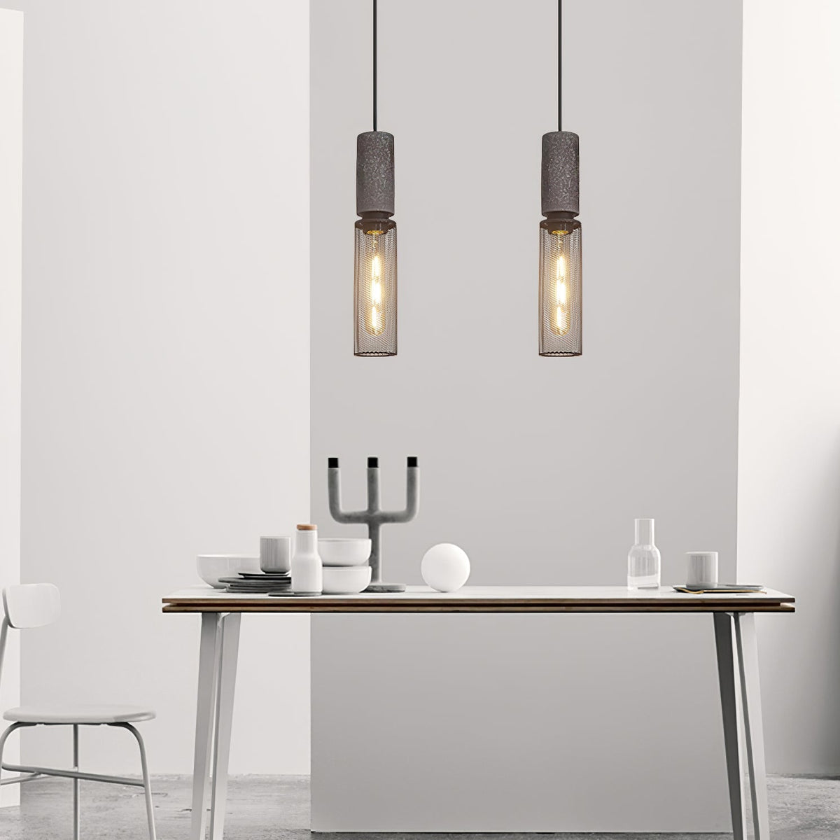 Urban Concrete Industrial Pendant Light – Cement & Perforated Metal LED Hanging Lamp for Kitchen Island, Dining & Bar