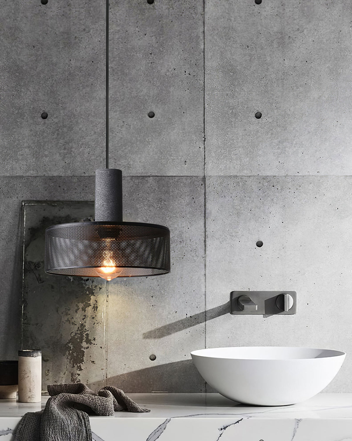 Urban Concrete Industrial Pendant Light – Cement & Perforated Metal LED Hanging Lamp for Kitchen Island, Dining & Bar