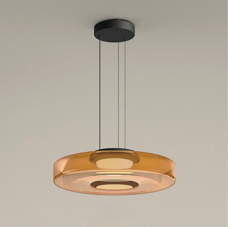Bauhaus Layered Glass LED Pendant Light – 12W Warm White Tiered Hanging Fixture in Amber, Green or Smoke Grey, 6 Sizes
