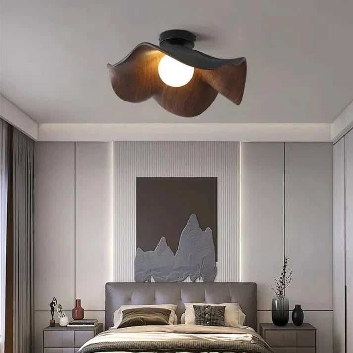 Scandinavian Lotus Flower Ceiling Light – Sculptural Wood, Resin & Iron Flush Mount Lamp in White or Black for Bedroom