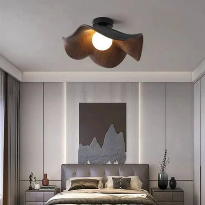 Scandinavian Lotus Flower Ceiling Light – Sculptural Wood, Resin & Iron Flush Mount Lamp in White or Black for Bedroom