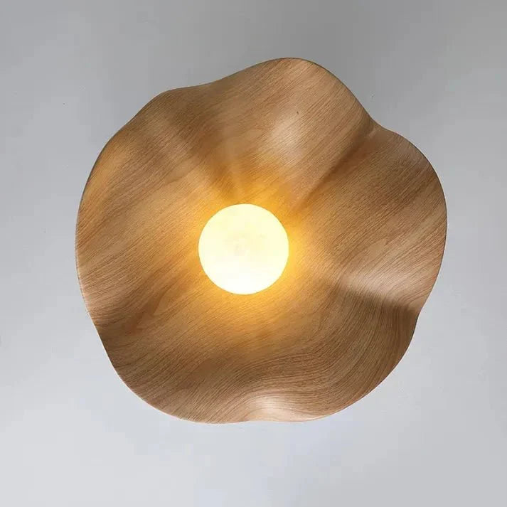 Scandinavian Lotus Flower Ceiling Light – Sculptural Wood, Resin & Iron Flush Mount Lamp in White or Black for Bedroom