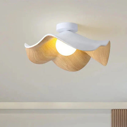Scandinavian Lotus Flower Ceiling Light – Sculptural Wood, Resin & Iron Flush Mount Lamp in White or Black for Bedroom