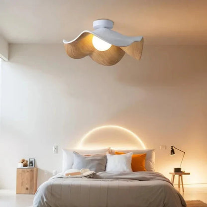 Scandinavian Lotus Flower Ceiling Light – Sculptural Wood, Resin & Iron Flush Mount Lamp in White or Black for Bedroom