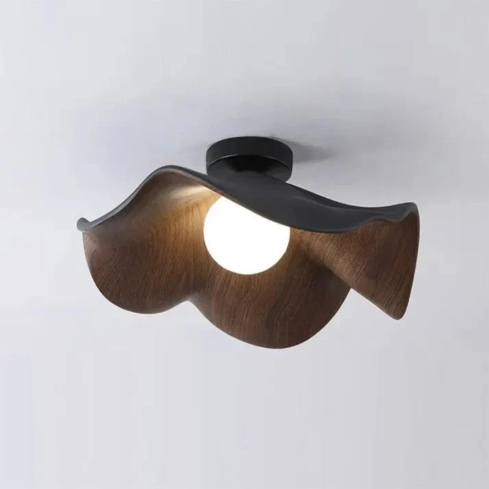 Scandinavian Lotus Flower Ceiling Light – Sculptural Wood, Resin & Iron Flush Mount Lamp in White or Black for Bedroom