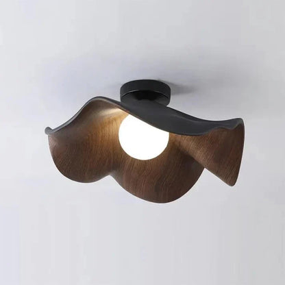 Scandinavian Lotus Flower Ceiling Light – Sculptural Wood, Resin & Iron Flush Mount Lamp in White or Black for Bedroom
