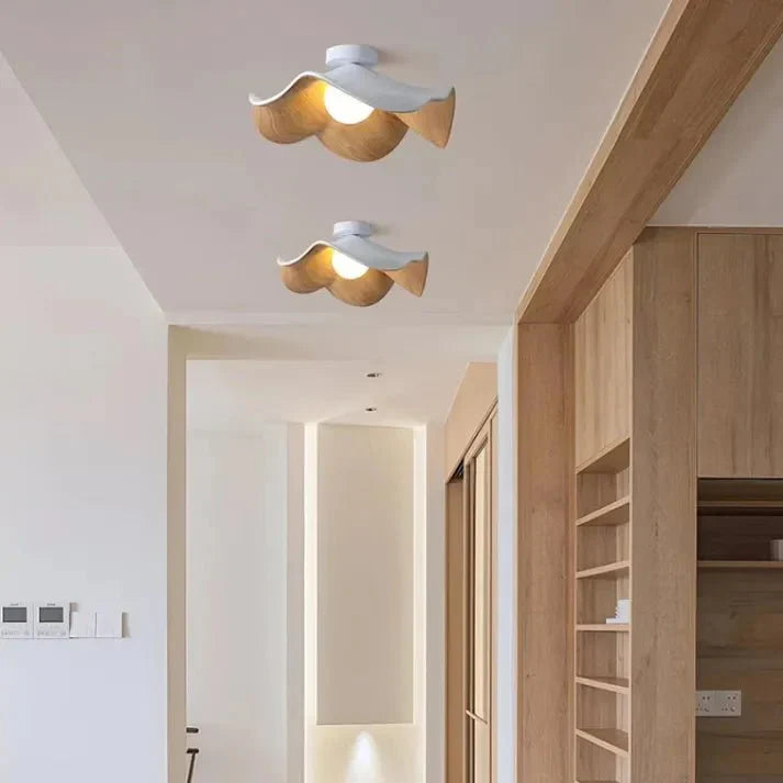 Scandinavian Lotus Flower Ceiling Light – Sculptural Wood, Resin & Iron Flush Mount Lamp in White or Black for Bedroom