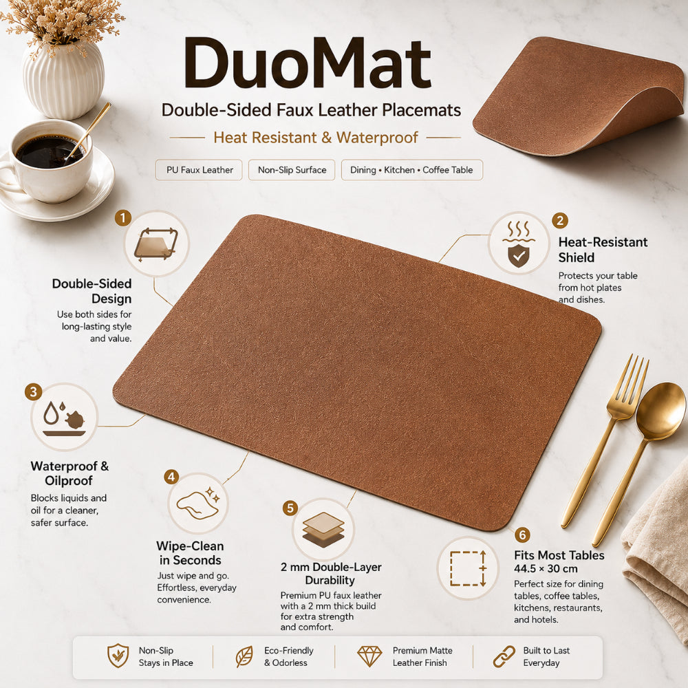 DuoMat Double-Sided Faux Leather Placemats – Heat-Resistant Waterproof PU Leather Table Mats, Set of 4 or 6, 7 Colors