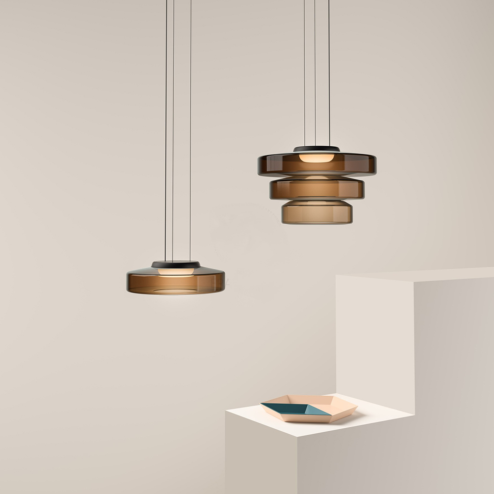Bauhaus Layered Glass Pendant Lamp – Modern Amber, Green or Smoke Grey Hanging Light Fixture for Kitchen & Dining Room