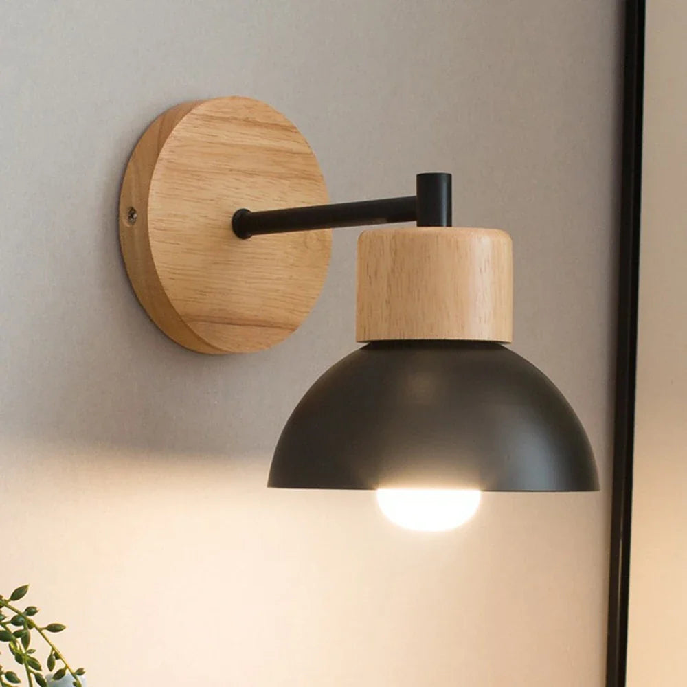 Modern Nordic Wood & Metal Wall Lamp – Bedside Reading Wall Sconce with Solid Timber Base and Matte Metal Shade