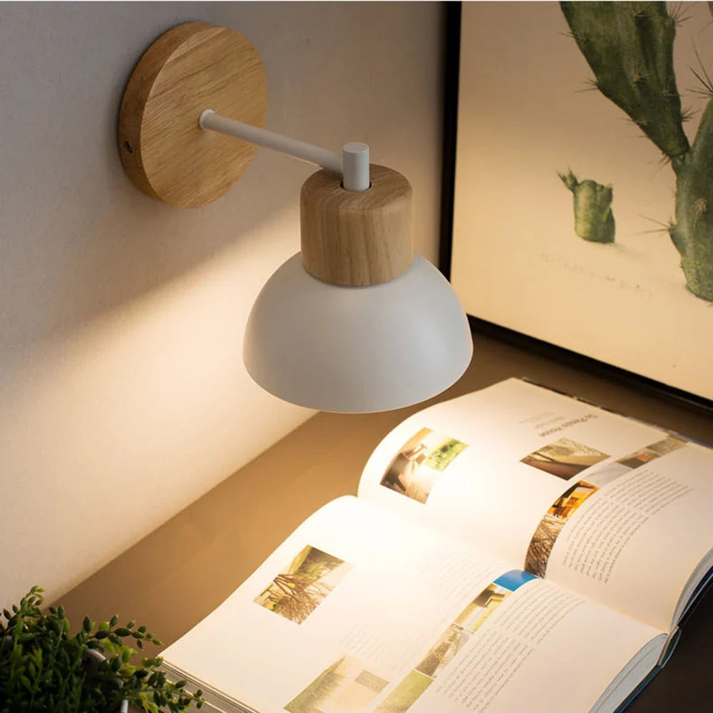 Modern Nordic Wood & Metal Wall Lamp – Bedside Reading Wall Sconce with Solid Timber Base and Matte Metal Shade