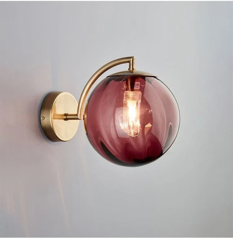 Modern Tinted Glass Ball Wall Lamp – Curved Brass Arm Wall Sconce with E27 Bulb in Red, Blue, Amber or Smoke Grey