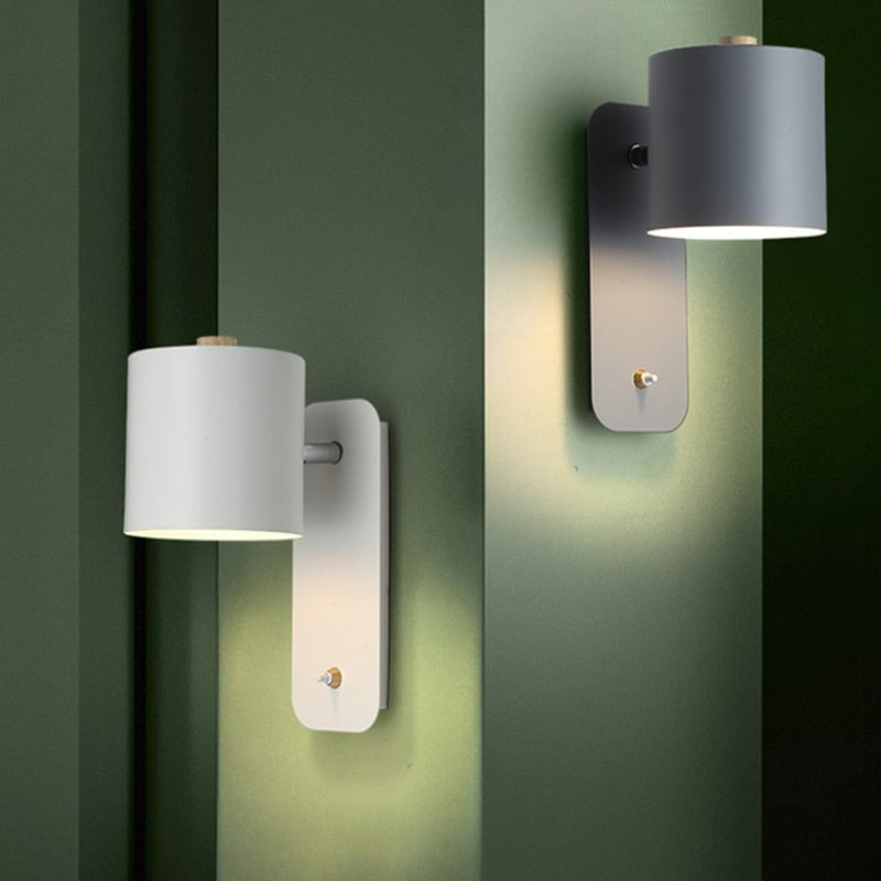 Modern LED Wall Light with Switch – Minimalist Metal Cylinder Shade Wall Sconce in White, Green or Grey for Bedroom & Hallway