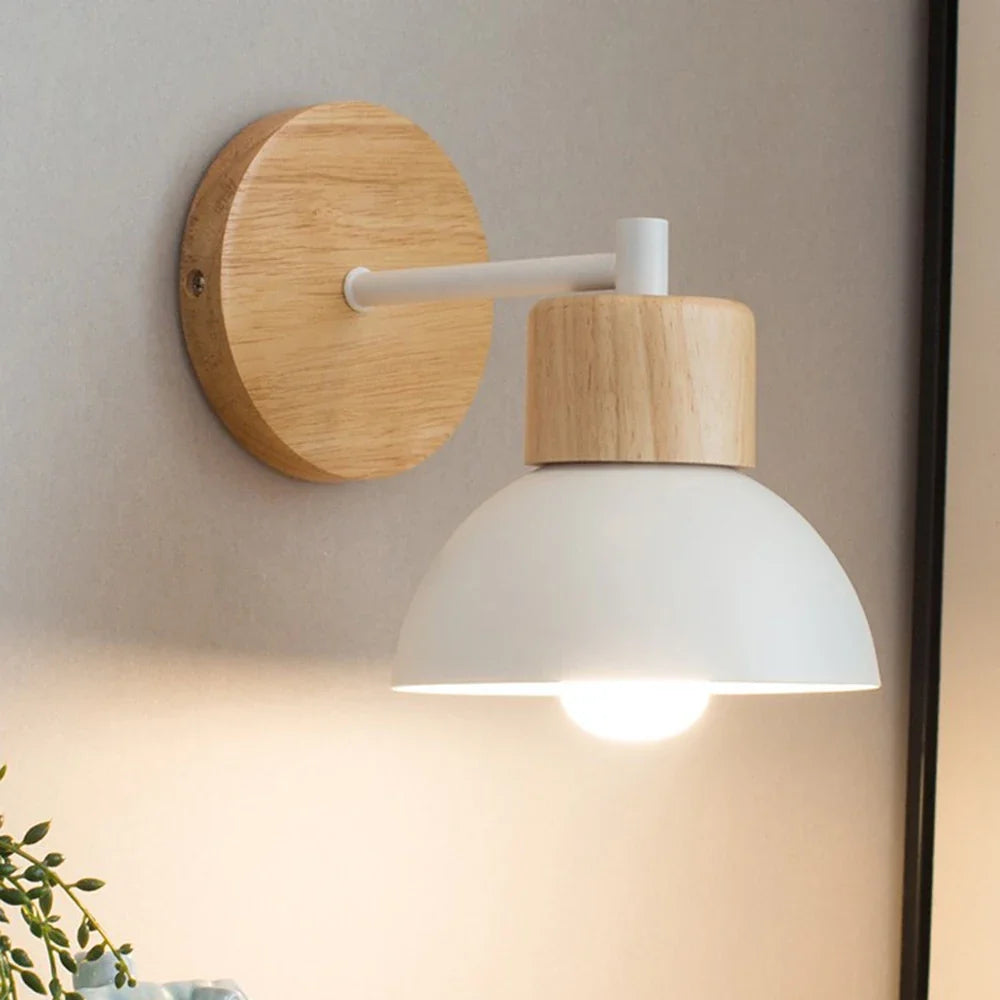 Modern Nordic Wood & Metal Wall Lamp – Bedside Reading Wall Sconce with Solid Timber Base and Matte Metal Shade