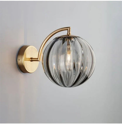 Modern Tinted Glass Ball Wall Lamp – Curved Brass Arm Wall Sconce with E27 Bulb in Red, Blue, Amber or Smoke Grey
