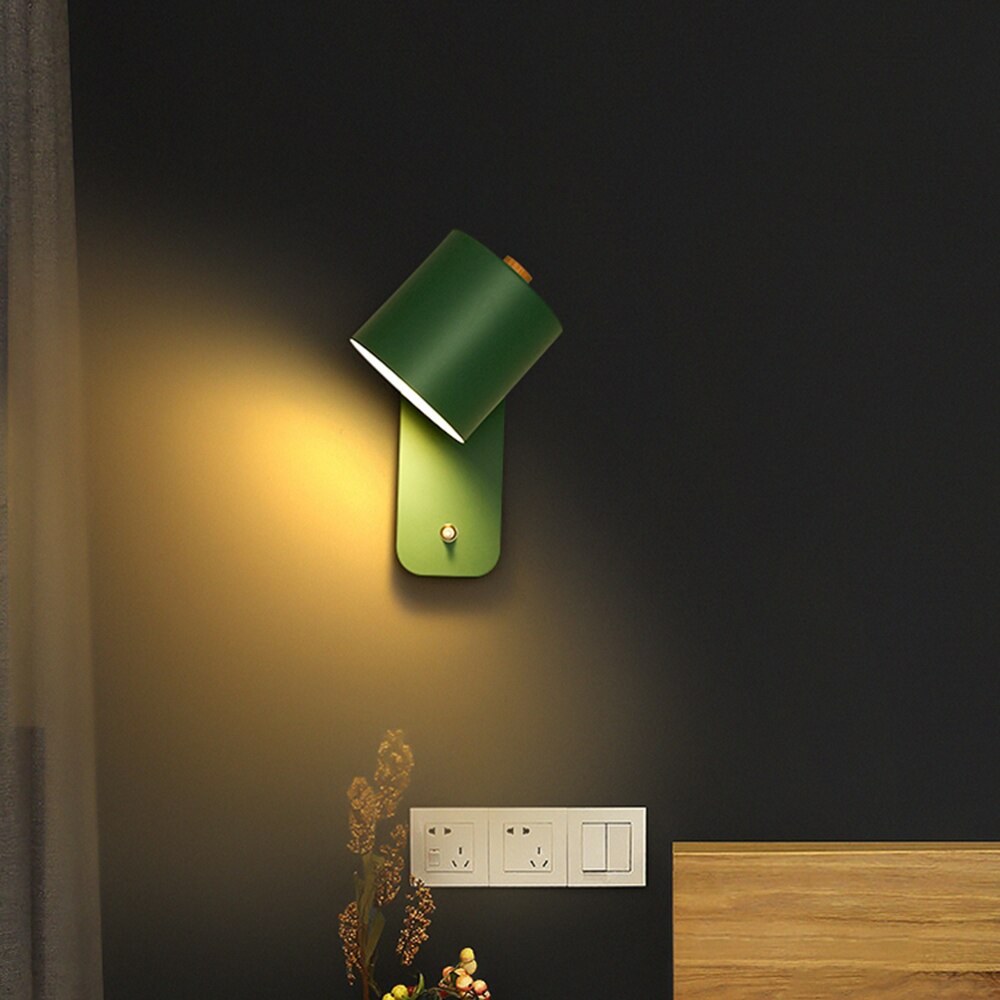 Modern LED Wall Light with Switch – Minimalist Metal Cylinder Shade Wall Sconce in White, Green or Grey for Bedroom & Hallway