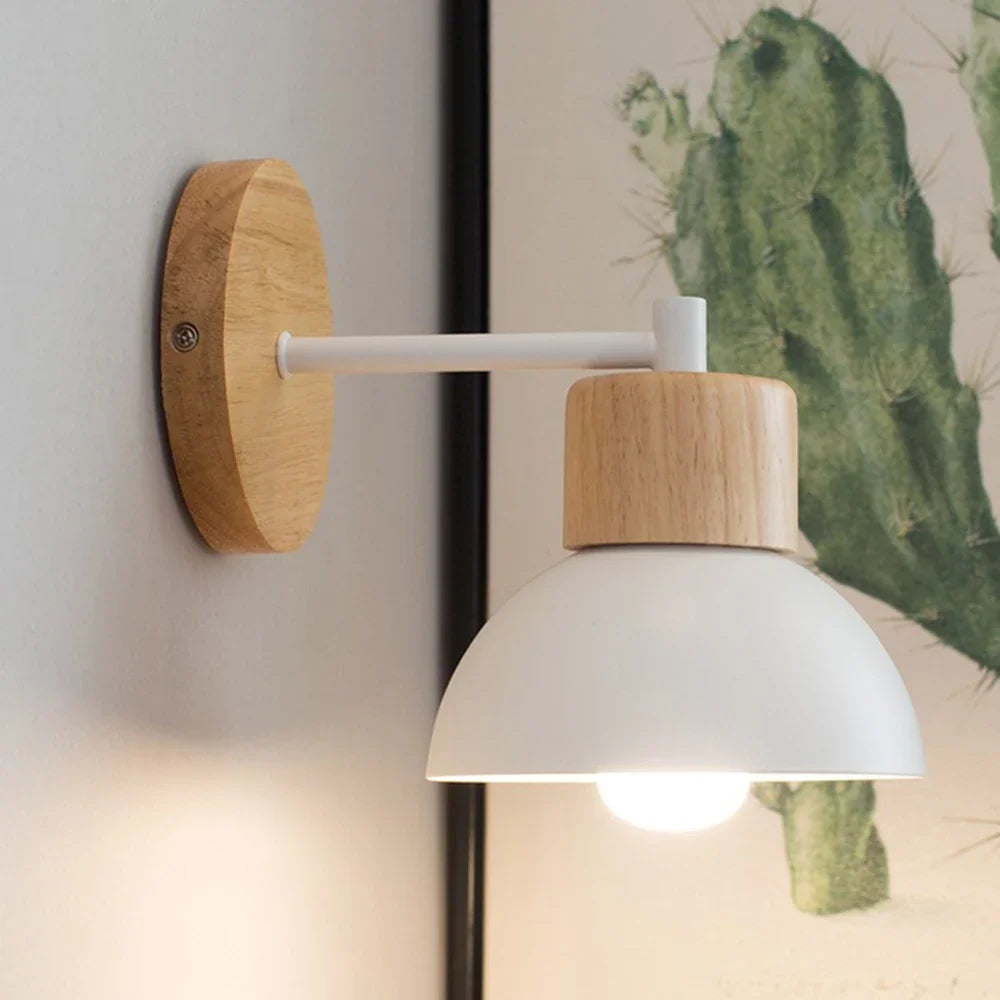Modern Nordic Wood & Metal Wall Lamp – Bedside Reading Wall Sconce with Solid Timber Base and Matte Metal Shade