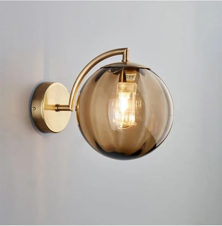 Modern Tinted Glass Ball Wall Lamp – Curved Brass Arm Wall Sconce with E27 Bulb in Red, Blue, Amber or Smoke Grey
