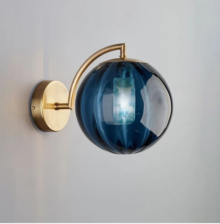 Modern Tinted Glass Ball Wall Lamp – Curved Brass Arm Wall Sconce with E27 Bulb in Red, Blue, Amber or Smoke Grey