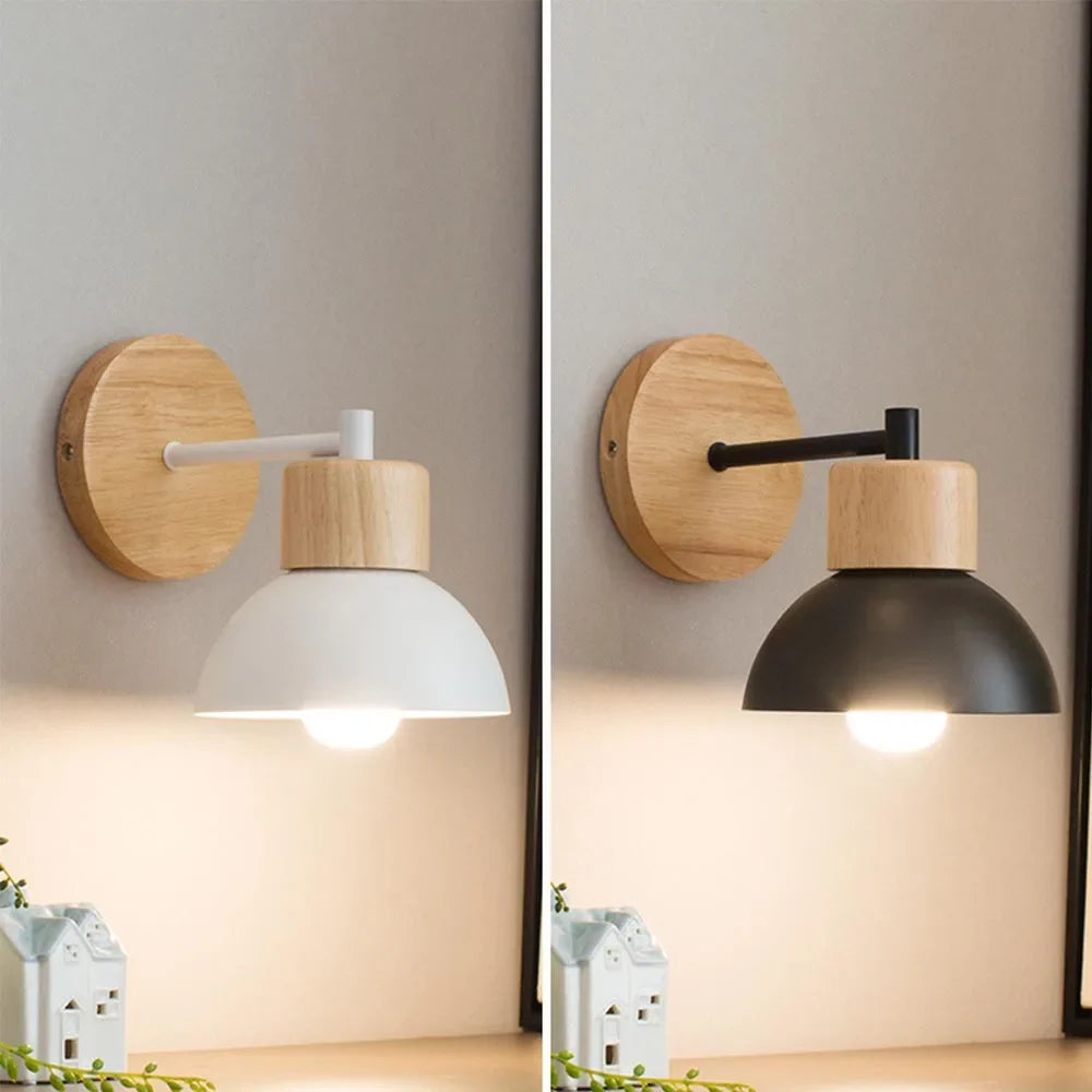 Modern Nordic Wood & Metal Wall Lamp – Bedside Reading Wall Sconce with Solid Timber Base and Matte Metal Shade