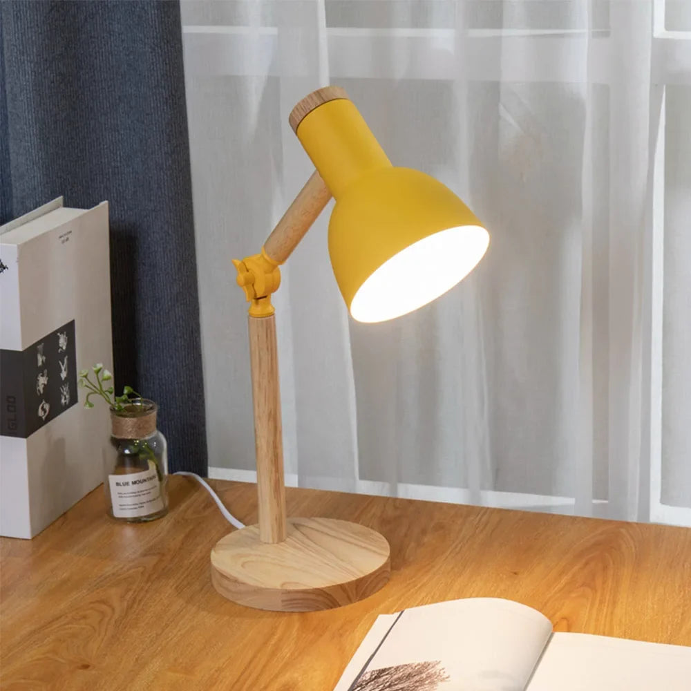 Nordic Wooden Desk Lamp – Adjustable Rotating Head Rubberwood Table Light for Reading, Study, Bedroom & Home Office