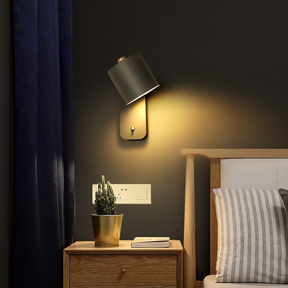 Modern LED Wall Light with Switch – Minimalist Metal Cylinder Shade Wall Sconce in White, Green or Grey for Bedroom & Hallway