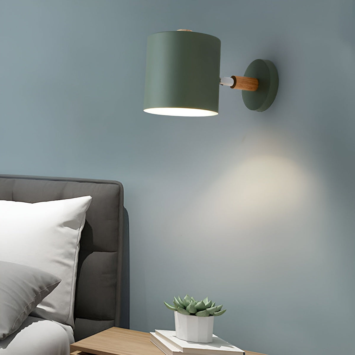 NordicGlow Adjustable Pastel Wall Lamp – Scandinavian Wood & Metal Sconce with 90° Rotating Shade for Bedroom & Kids Room