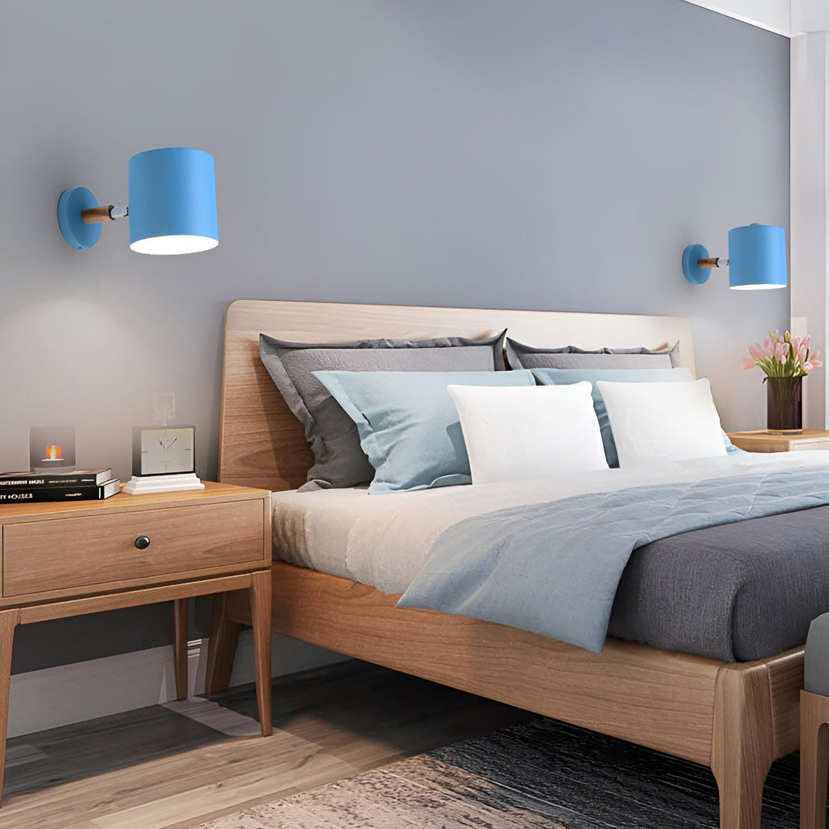 NordicGlow Adjustable Pastel Wall Lamp – Scandinavian Wood & Metal Sconce with 90° Rotating Shade for Bedroom & Kids Room