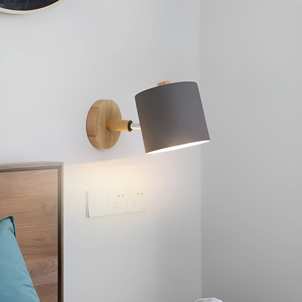 NordicGlow Adjustable Pastel Wall Lamp – Scandinavian Wood & Metal Sconce with 90° Rotating Shade for Bedroom & Kids Room