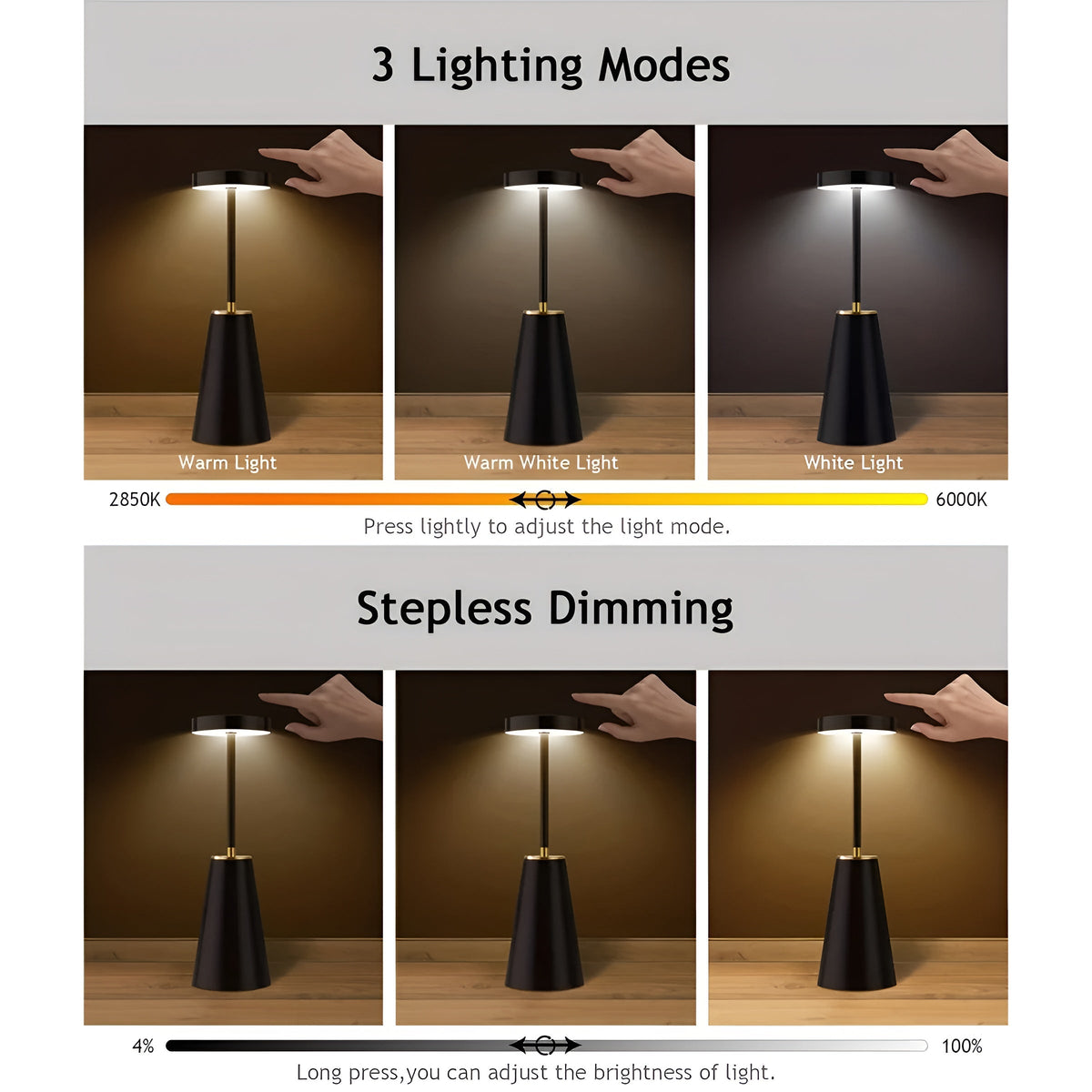 Sleek Wireless Rechargeable Table Lamp – Cordless 4000mAh LED Lamp with 7-16 Hour Battery, Gold Accents in Black or White