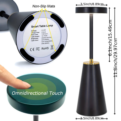 Sleek Wireless Rechargeable Table Lamp – Cordless 4000mAh LED Lamp with 7-16 Hour Battery, Gold Accents in Black or White