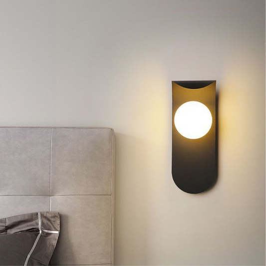 Modern Scandinavian Orb Wall Light – Curved Iron Panel with Frosted Glass Globe, Warm 3000K Sconce in Black or White