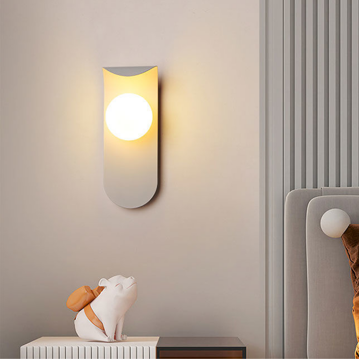 Modern Scandinavian Orb Wall Light – Curved Iron Panel with Frosted Glass Globe, Warm 3000K Sconce in Black or White
