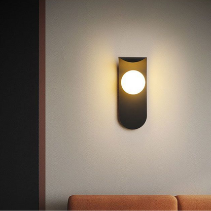 Modern Scandinavian Orb Wall Light – Curved Iron Panel with Frosted Glass Globe, Warm 3000K Sconce in Black or White