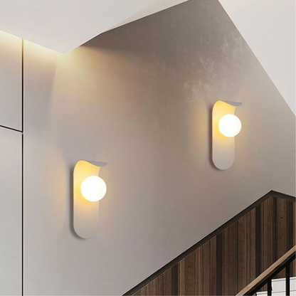 Modern Scandinavian Orb Wall Light – Curved Iron Panel with Frosted Glass Globe, Warm 3000K Sconce in Black or White