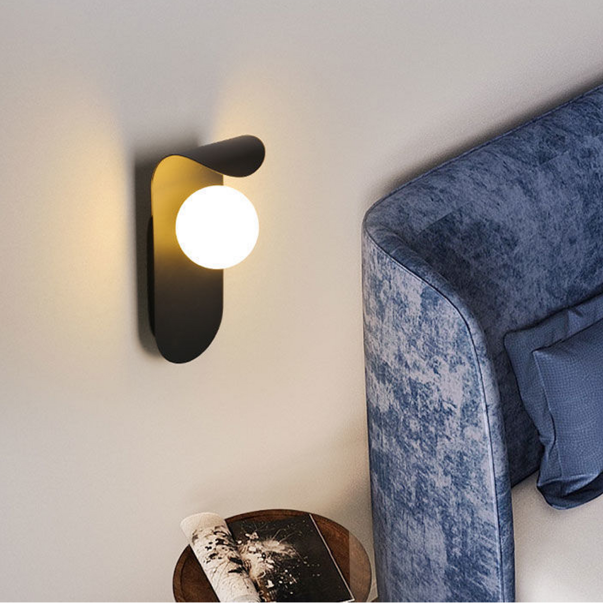 Modern Scandinavian Orb Wall Light – Curved Iron Panel with Frosted Glass Globe, Warm 3000K Sconce in Black or White