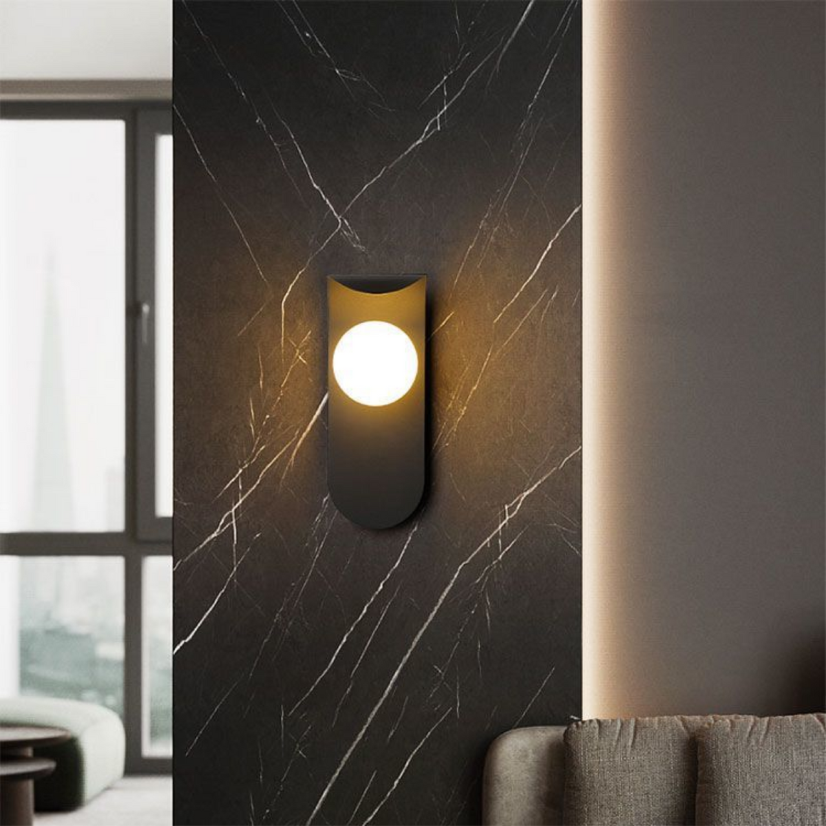 Modern Scandinavian Orb Wall Light – Curved Iron Panel with Frosted Glass Globe, Warm 3000K Sconce in Black or White