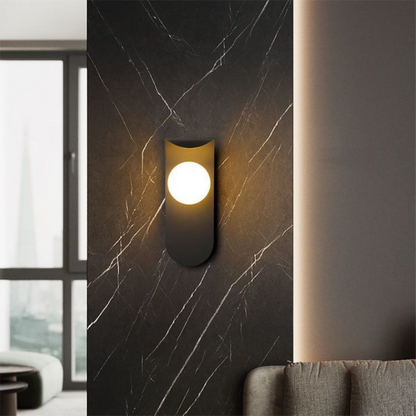 Modern Scandinavian Orb Wall Light – Curved Iron Panel with Frosted Glass Globe, Warm 3000K Sconce in Black or White