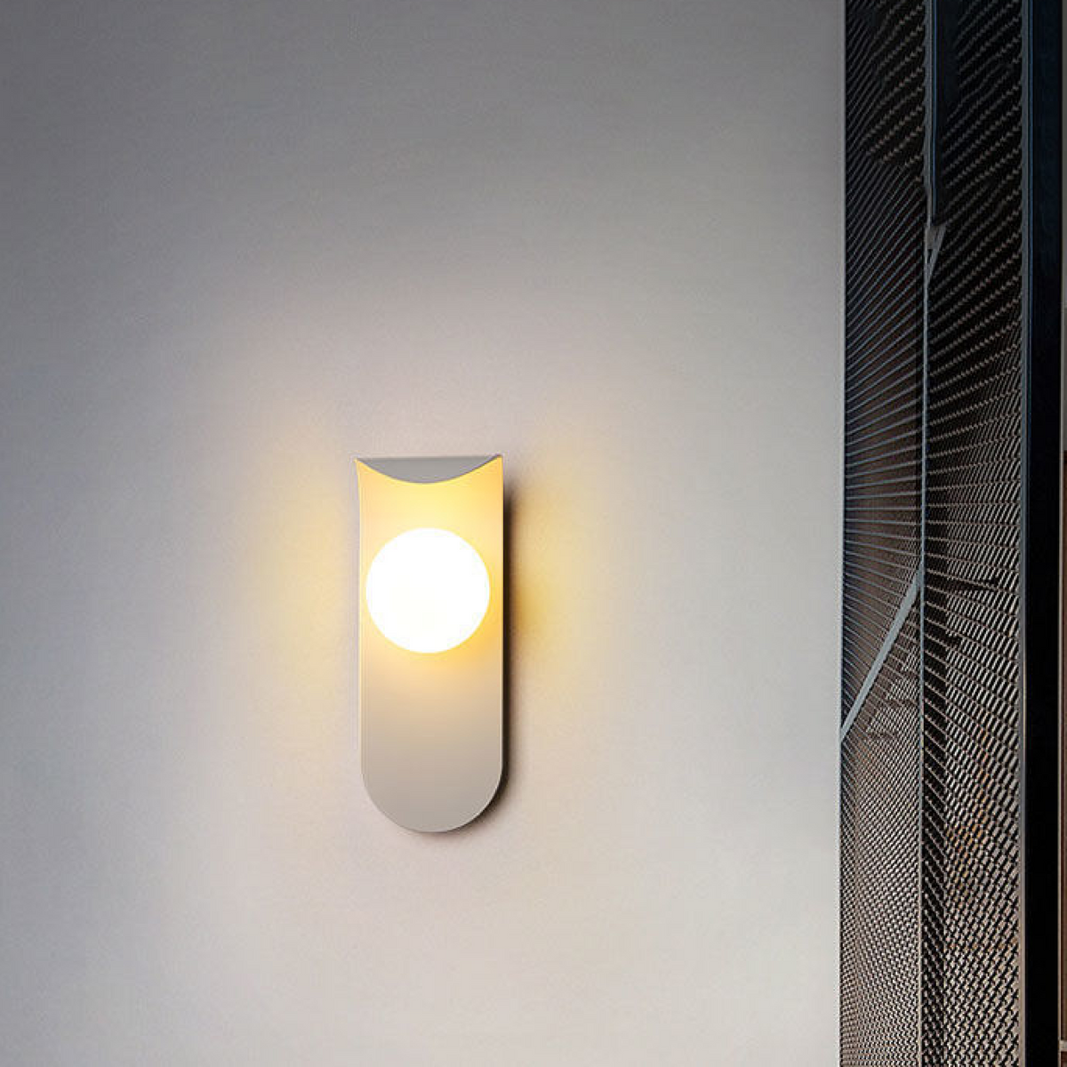 Modern Scandinavian Orb Wall Light – Curved Iron Panel with Frosted Glass Globe, Warm 3000K Sconce in Black or White