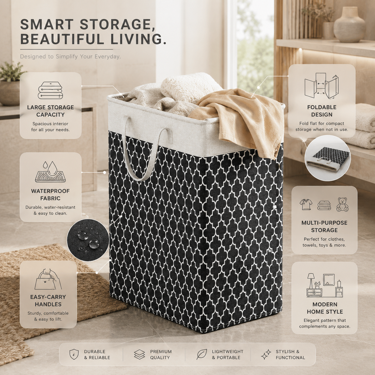 Lauva 75L Waterproof Foldable Laundry Hamper – Large Fabric Clothes Basket with Sturdy Handles for Laundry, Toys & Storage