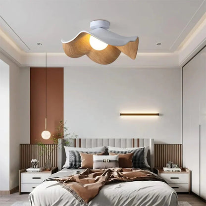 Scandinavian Lotus Flower Ceiling Light – Sculptural Wood, Resin & Iron Flush Mount Lamp in White or Black for Bedroom