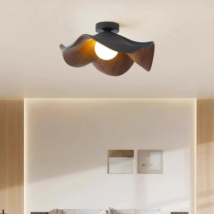 Scandinavian Lotus Flower Ceiling Light – Sculptural Wood, Resin & Iron Flush Mount Lamp in White or Black for Bedroom