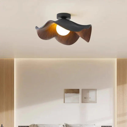 Scandinavian Lotus Flower Ceiling Light – Sculptural Wood, Resin & Iron Flush Mount Lamp in White or Black for Bedroom