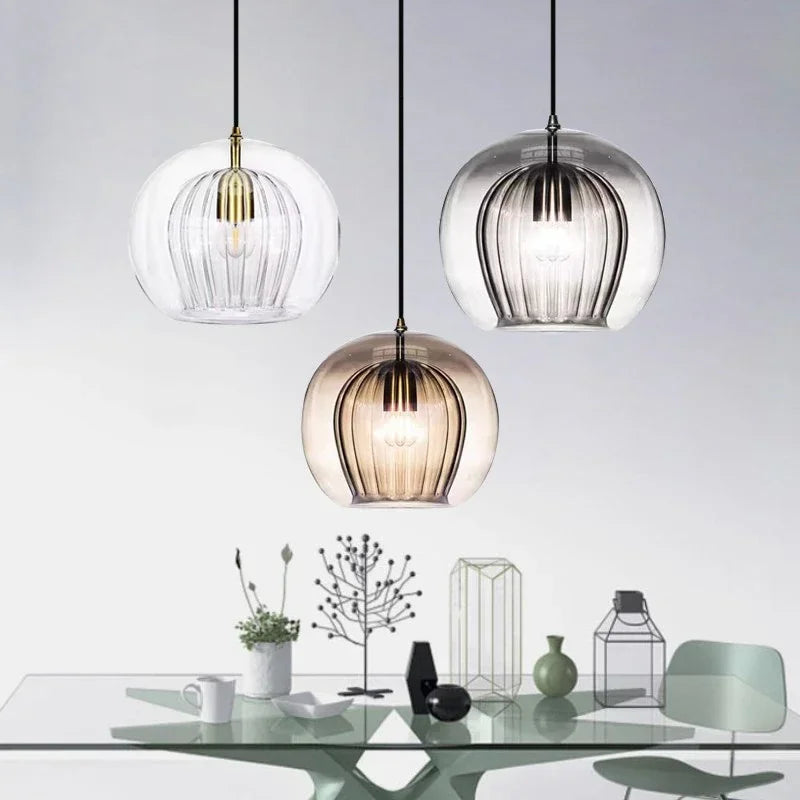 LuxeSphere Ribbed Glass Pendant Light – Modern Globe Hanging Lamp in Clear, Cognac or Grey for Kitchen Island & Dining