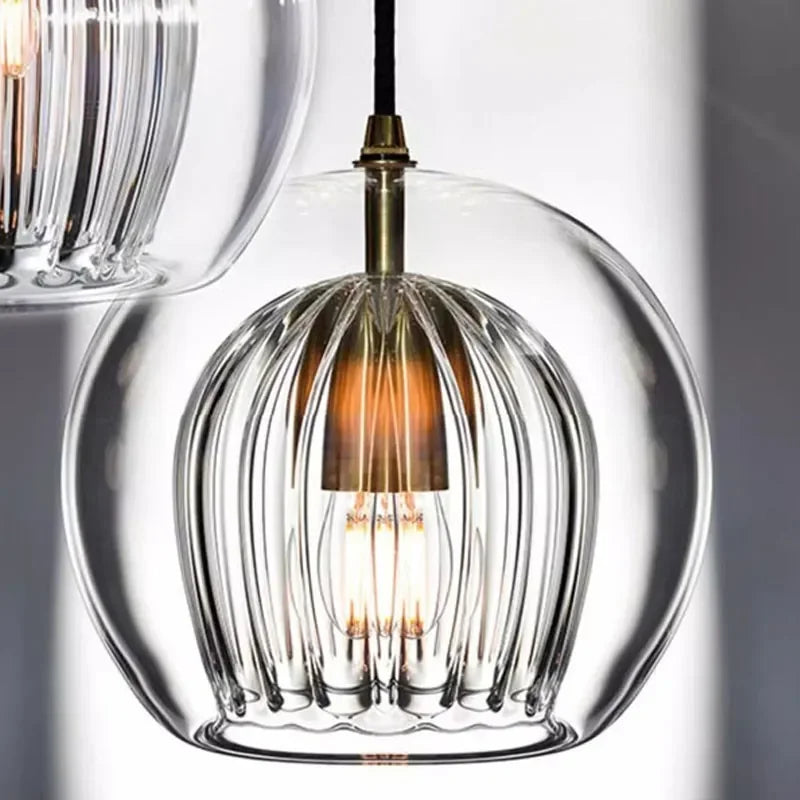 LuxeSphere Ribbed Glass Pendant Light – Modern Globe Hanging Lamp in Clear, Cognac or Grey for Kitchen Island & Dining
