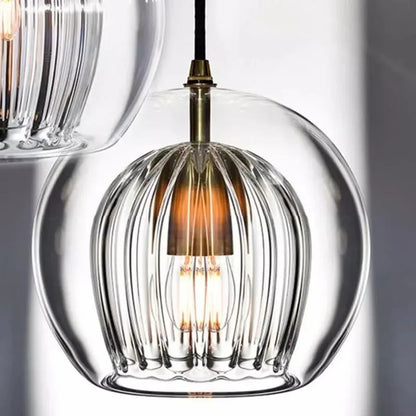 LuxeSphere Ribbed Glass Pendant Light – Modern Globe Hanging Lamp in Clear, Cognac or Grey for Kitchen Island & Dining