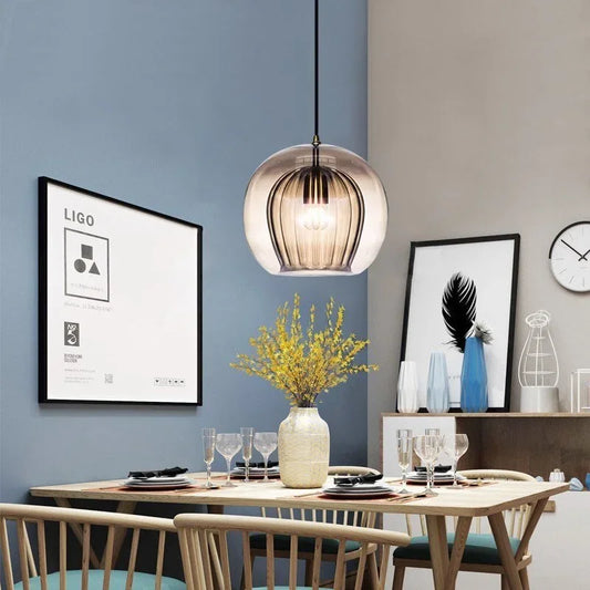 LuxeSphere Ribbed Glass Pendant Light – Modern Globe Hanging Lamp in Clear, Cognac or Grey for Kitchen Island & Dining