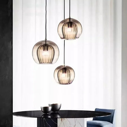 LuxeSphere Ribbed Glass Pendant Light – Modern Globe Hanging Lamp in Clear, Cognac or Grey for Kitchen Island & Dining
