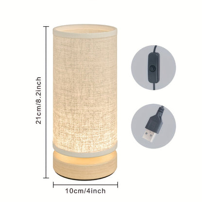 Modern Wooden USB Table Lamp – Natural Wood Base with Linen Fabric Shade, Cozy LED Bedside Lamp for Bedroom & Desk